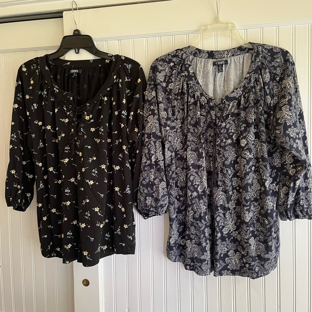 Chaps 2 Peasant Style Jersey Blouses - S Large - 1 Black and 1 Blue -